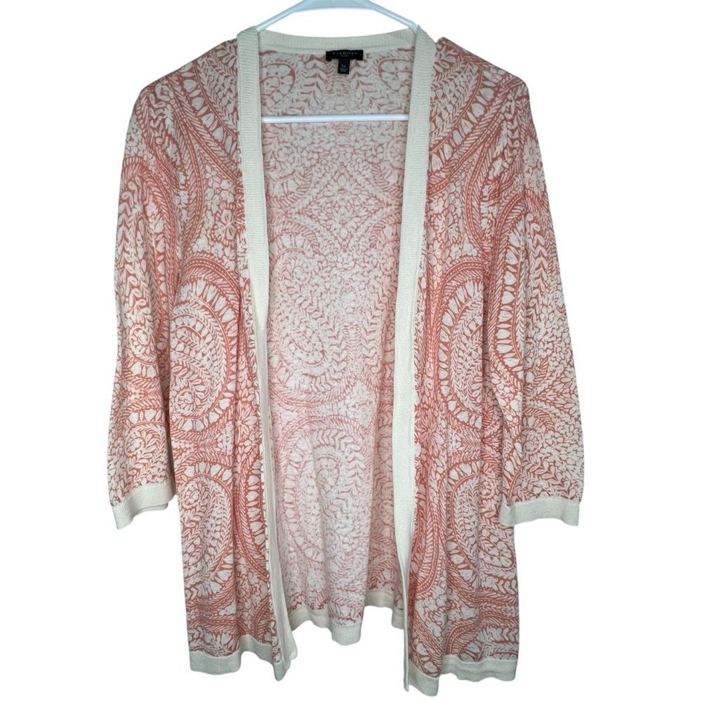Talbots Coral,White Open Cardigan Women’s Linen Blend Sweater Sz LP Cottagecore